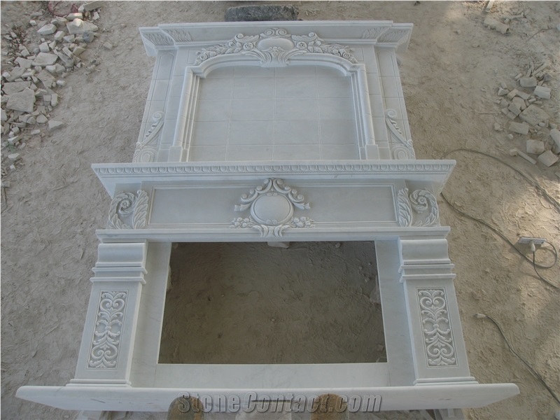 White Marble Double Fireplace Surround with over Mantel