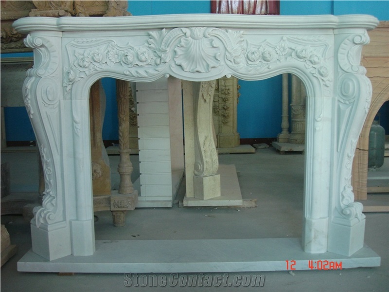 White Marble Fireplace Mantel with Hand Carved Sculpture
