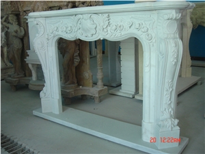 White Marble Fireplace Mantel with Hand Carved Sculpture