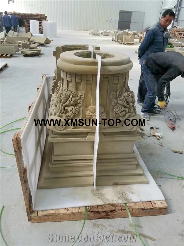 Beige Sandstone Column Tops/Beige Sandstone Sculptured Columns Bases/Architectural Columns/Outdoors&Landscape Column/Beige Sandstone Pillar/Building Ornament/Column Component