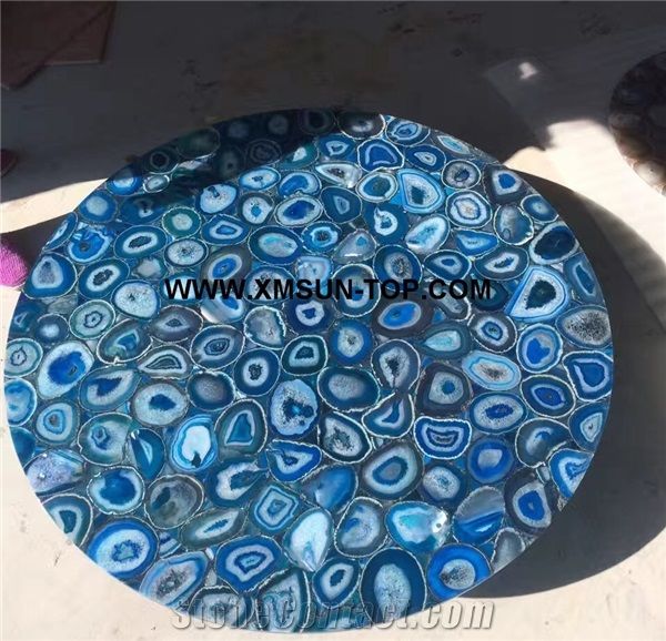 Blue Agate Semi-Precious Stone Round Table Tops/Ocean Blue Semi Precious Table Tops/Blue Agate Work Top/Round Table Tops/Semiprecious Stone Inlayed Tabletops/Table Top for Hotels& Villa&Restaurant