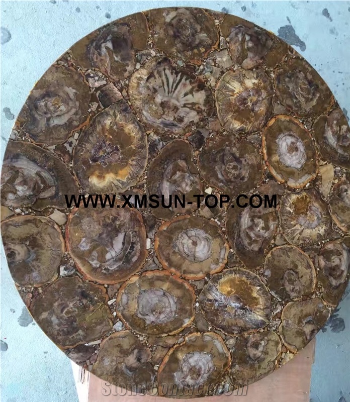 Brown Petrified Wood Semi-Precious Stone Round Table Tops/Brown Semi Precious Table Tops/Semi Precious Work Top/Semiprecious Stone Inlayed Tabletops/Table Top for Hotels& Villa&Restaurant