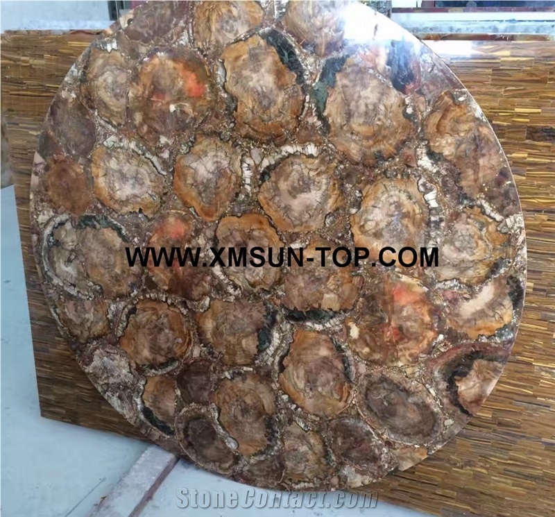 Brown Petrified Wood Semi-Precious Stone Round Table Tops/Brown Semi Precious Table Tops/Semi Precious Work Top/Semiprecious Stone Inlayed Tabletops/Table Top for Hotels& Villa&Restaurant