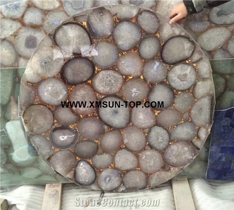 Grey Agate Semi-Precious Stone Round Table Tops/Light Grey Semi Precious Table Tops/Grey Agate Work Top/Semiprecious Stone Inlayed Tabletops/Table Top for Hotels& Villa&Restaurant/High Quality