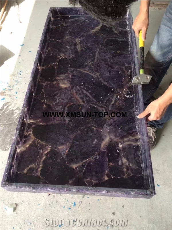 Purple Crystal Semi-Precious Stone Square Table Tops/Lilac Semi Precious Table Tops/Amethystine Work Top/Semiprecious Stone Inlayed Tabletops/Table Top for Hotels& Villa&Restaurant