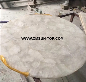 White Crystal Semi-Precious Stone Round Table Tops/Rock Crystal Semi Precious Table Tops/Rock Crystal Quartz Work Top/Semiprecious Stone Inlayed Tabletops/Table Top for Hotels& Villa&Restaurant