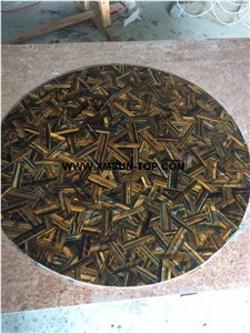 Yellow and Blue Tiger Eye Semi-Precious Stone Round Table Tops/Semi Precious Table Tops/Tiger Eye Stone Work Top/Semiprecious Stone Inlayed Tabletops/Table Top for Hotels& Villa&Restaurant