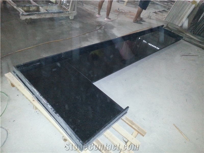 India Black Granite Black Galaxy Countertop, Black Galaxy Granite Kitchen Top,Bar Top, Island Tops, Sawn Cut Tiles Slabs Exterior - Interior Wall & Floor,Stairs Etc Project