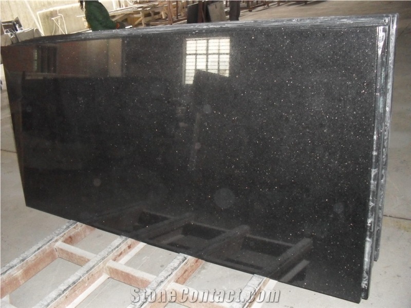 India Black Granite Black Galaxy Countertop, Black Galaxy Granite Kitchen Top,Bar Top, Island Tops, Sawn Cut Tiles Slabs Exterior - Interior Wall & Floor,Stairs Etc Project