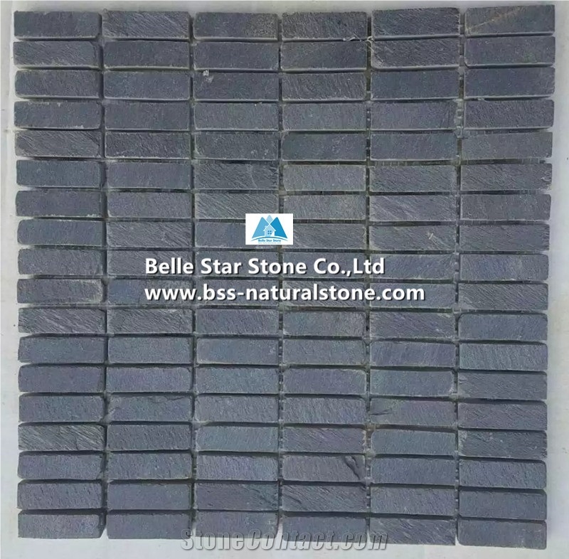 China Black Split Face Slate Mosaic,Charcoal Grey Riven Slate Wall Mosaic,Carbon Black Slate Floor Mosaic,Natural Slate Stone Mosaic,Dark Grey Slate Mosaic Pattern,Interior Stone Mosaic Tiles