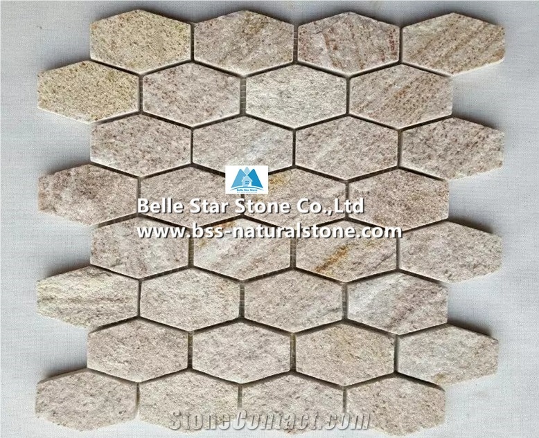 Golden Wood Quartzite Mosaic,Natural Stone Mosaic,Hexagon Mosaic,Quartzite Wall Mosaic,Golden Wood Floor Mosaic,Quartzite Mosaic Wall Tiles