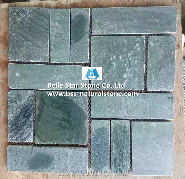 Green Riven Slate Mosaic,Split Face Slate Wall Mosaic,Green Stone Mosaic,Natural Slate Floor Mosaic,Green Slate Mosaic Pattern,Slate Mosaic Wall Tiles,Indoor Wall Mosaic Stone,Slate Mosaic Stone