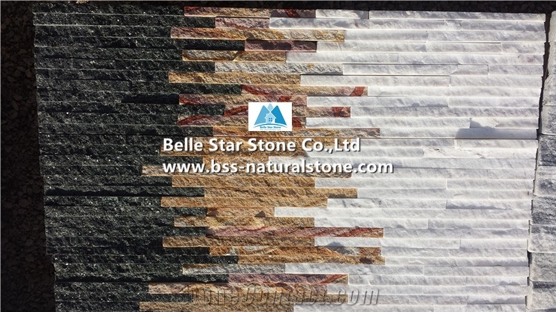 White Quartzite Yellow Sandstone Black Quartzite Water Retaining Wall Cladding,Quartzite & Sandstone Waterfall Shape Ledgestone,Natural Mini Stacked Stone,Real Thin Stone Veneer,Natural Stone Panels