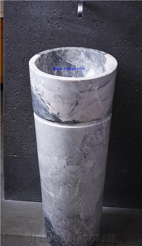 Yabo Grey/Gray Marble Pedestal Basins,Bathroom Sinks,Wash Basins,Round Basins,Round Sinks,Natural Stone Pedestal Basins,Marble Stone Basins