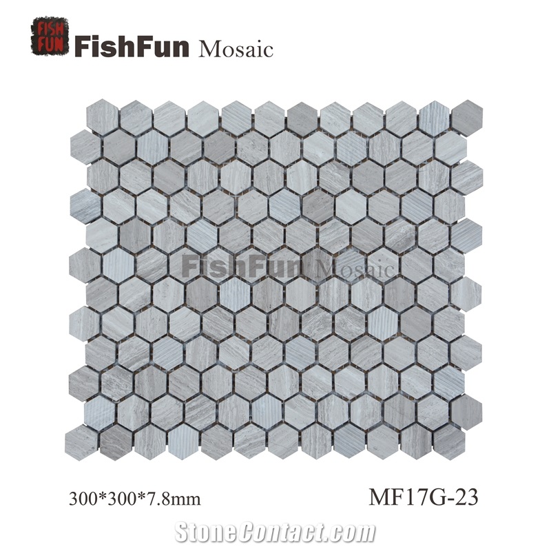 Hexagon Marble Mosaic 23*26.5*7.8, Grey Wood Grain Marble Mosaic, Grey Marble Mosaic, Polished Surface, Garden & Balcony Marble and Glass Mosaic, Kitchen Marble Mosaic