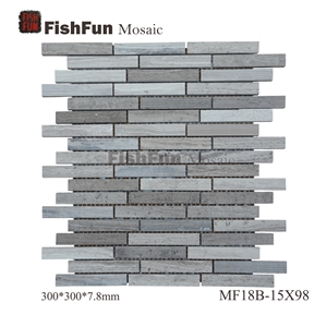 I-Shape Marble Mosaic 15*98*7.9, Grey Wood Grain Marble Mosaic, Grey Marble Mosaic, Polished Surface, Garden & Balcony Marble and Glass Mosaic, Kitchen Marble Mosaic