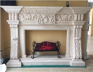 Beige Limestone Flower Handcarved Fireplace Mantel / Fireplace Hearth
