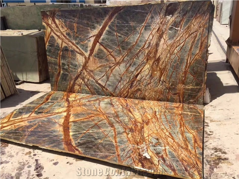 New Rain Forest Gold Marble Slabs/Wall & Floor Covering/Skirting/Rain Forest Gold/Tropical Rain Forest Gold,Bidasar/Bidaser Brown/Rainforest Gold/Bosque Brown/India Yellow Marble Big Slab