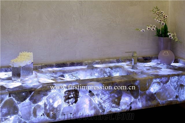 Purple Crystal Kitchen Bar Top Backlit, Lilac Crystal Semiprecious Stone Kitchen Worktops ,Violet Semi Precious Countertops,Purple Crystal Gemstone Countertops