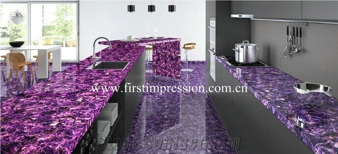 Purple Crystal Kitchen Bar Top Backlit, Lilac Crystal Semiprecious Stone Kitchen Worktops ,Violet Semi Precious Countertops,Purple Crystal Gemstone Countertops