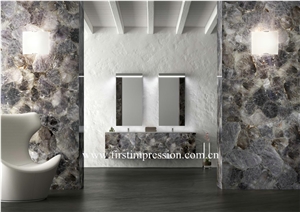 Smoke Crystal Bathroom Design,Grey Quartz Bathroom Wall Tiles,Grey Semiprecious Bath Ideas,Semiprecious Stone Bathroom Flooring,Grey Quartz Gemstone Slab& Tiles