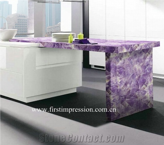 Violet Semi Precious Countertops,Purple Crystal Kitchen Bar Top Backlit, Lilac Crystal Semiprecious Stone Kitchen Worktops ,Purple Crystal Gemstone Countertops