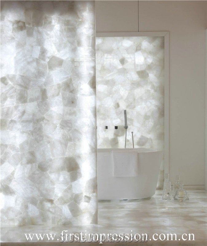White Crystal Gemstone Bathroom Design/White Crystal Precious Stone Bathroom Countertop/Crystal White Luxury Bathroom Decorating /White Crystal Backlit Gemstone Bathroom Ideas