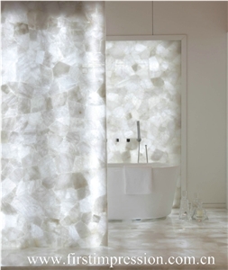 White Crystal Gemstone Bathroom Design/White Crystal Precious Stone Bathroom Countertop/Crystal White Luxury Bathroom Decorating /White Crystal Backlit Gemstone Bathroom Ideas