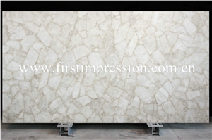 White Crystal Gemstone Slab Backlit /Luxury White Crystal Semi-Precious Stone Slab/White Semi Precious Stone Slab for Wall Panels/Precious Stone Panel/White Crystal Stone for Home Decoration