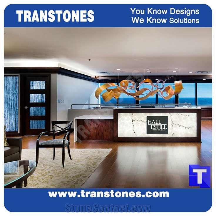 Artificial Engineered Stone Bianco Carrara White Marble Panel Reception Desk,Show Table,Translucent Backlit Stone Consulting Counter Top,Solid Surface Transtones Customzied