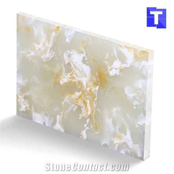 Artificial Golden White Marble Wall Panel Floor Tiles Solid Surface Glass Stone for Bar Tops,Reception Table Desk,Kitchen Counter Tops Design,Interior Engineered Alabaster Stone