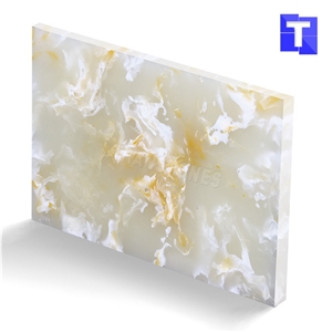 Artificial Golden White Marble Wall Panel Floor Tiles Solid Surface Glass Stone for Bar Tops,Reception Table Desk,Kitchen Counter Tops Design,Interior Engineered Alabaster Stone