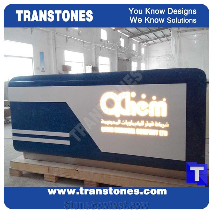 Blue Acrylic Aritificial Marble Stone Work Tops,Office Reception Desk Table Design,Solid Surface Engineered Stone Counter Tops,Solid Surface Front Desk Transtones Customized