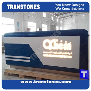 Blue Acrylic Aritificial Marble Stone Work Tops,Office Reception Desk Table Design,Solid Surface Engineered Stone Counter Tops,Solid Surface Front Desk Transtones Customized