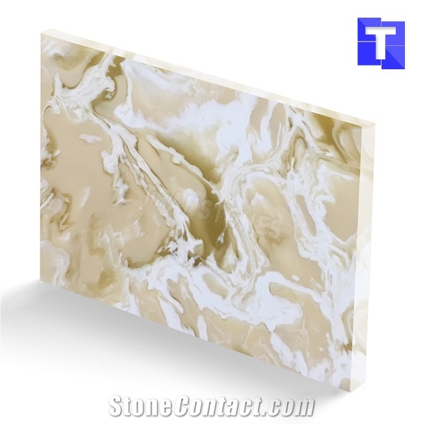 New Material Artificial Golden Sahara Onyx Wall Panel,Floor Tiles Solid Surface Beige Glass Stone for Bar Tops,Reception Table Desk,Hotel Counter Tops Design,Interior Engineered Stone