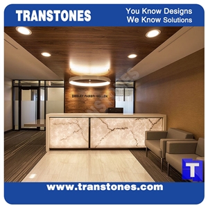 Project Show Artificial Bianco Carrara Marble Panel Reception Desk,Show Table,Translucent Backlit White Stone Consulting Counter Top,Engineered Stone Solid Surface Transtones Customzied