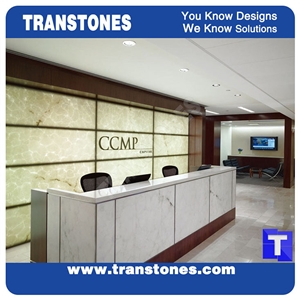 Project Show Artificial Bianco Carrara Marble Panel Reception Desk,Show Table,Translucent Backlit White Stone Consulting Counter Top,Engineered Stone Solid Surface Transtones Customzied