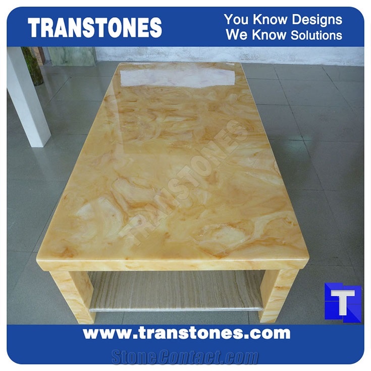 Project Show Artificial Yellow Honey Onyx Rectangle Tea Table,Dinner Party Table Interior Furniture.Engineered Stone Solid Furface Spray Wave Alabaster Desk Living Room Home Decoration