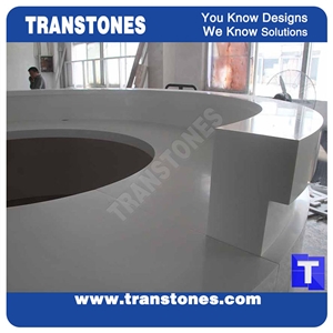 Pure White Acrylic Aritificial Marble Stone Work Tops,Office Round Reception Desk Table Design, Engineered Stone Counter Tops,Solid Surface Front Desk for Hotel Project