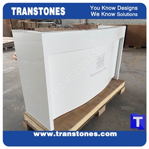 Pure White Acrylic Aritificial Marble Stone Work Tops,Office Round Reception Desk Table Design, Engineered Stone Counter Tops,Solid Surface Front Desk for Hotel Project