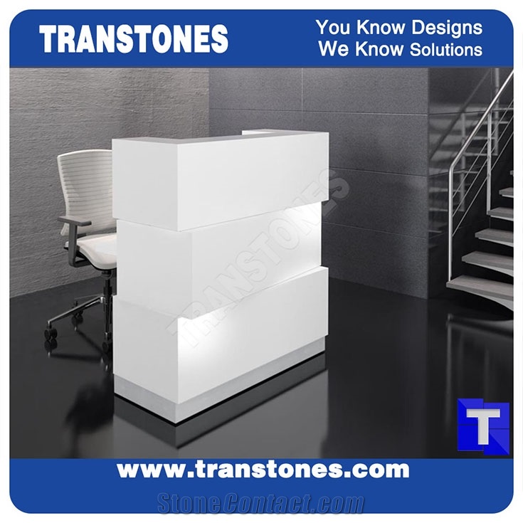 Pure White Quartz Aritificial Marble Acrylic Stone Bar Tops,Office Reception Desk Table Design,Solid Surface Engineered Stone Counter Tops,Solid Surface Transtones Customized