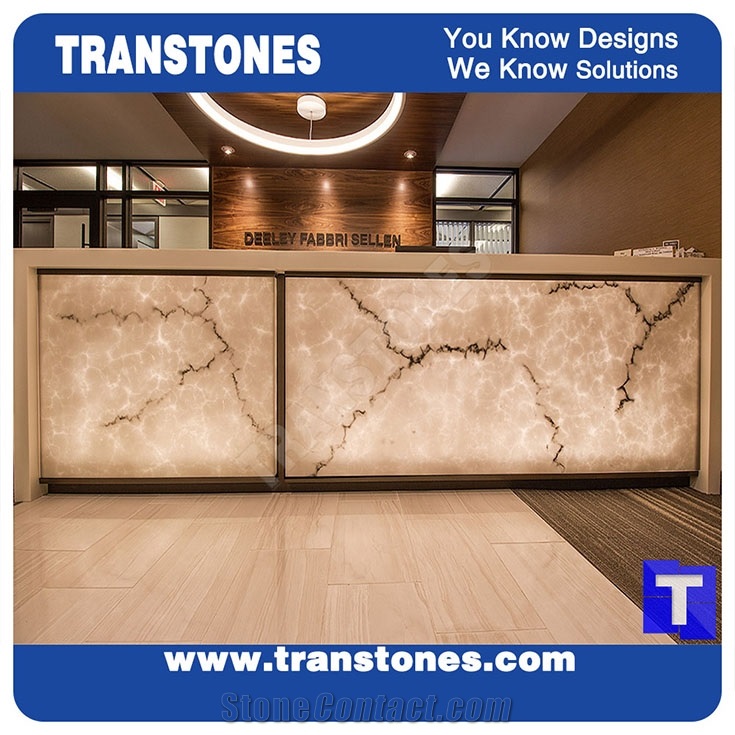Solid Surface Artificial Bianco Carrara White Marble Panel Reception Desk,Show Table,Translucent Backlit Stone Consulting Counter Top,Engineered Stone Transtones Customzied