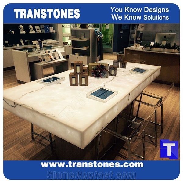 Solid Surface Artificial Bianco Carrara White Marble Panel Reception Desk,Show Table,Translucent Backlit Stone Consulting Counter Top,Engineered Stone Transtones Customzied