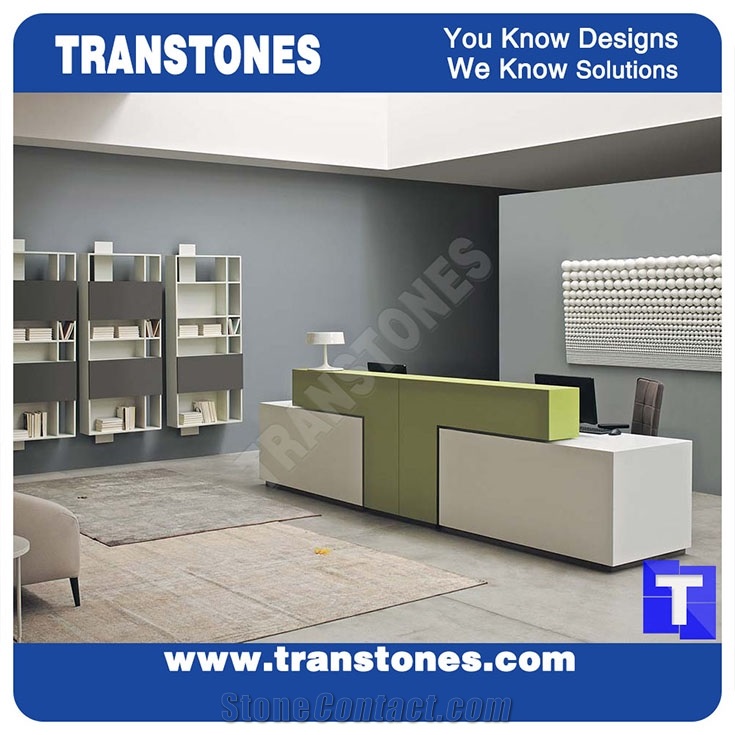 White Green Acrylic Aritificial Marble Stone T Shaped Office Work Tops,2 Seats Office Bench Reception Desk Table Design, Engineered Stone Counter Tops,Solid Surface Front Desk Stone Furniture
