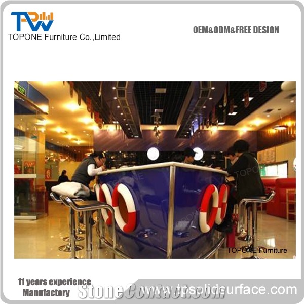 Factory Directly Offer Boat Shaped Artificial Marble Stone Acrylic Solid Surface Home/Restaurant Bar Counter with Interior Stone Acrylic Solid Surface Worktops, Interior Stone Restaurant Furniture