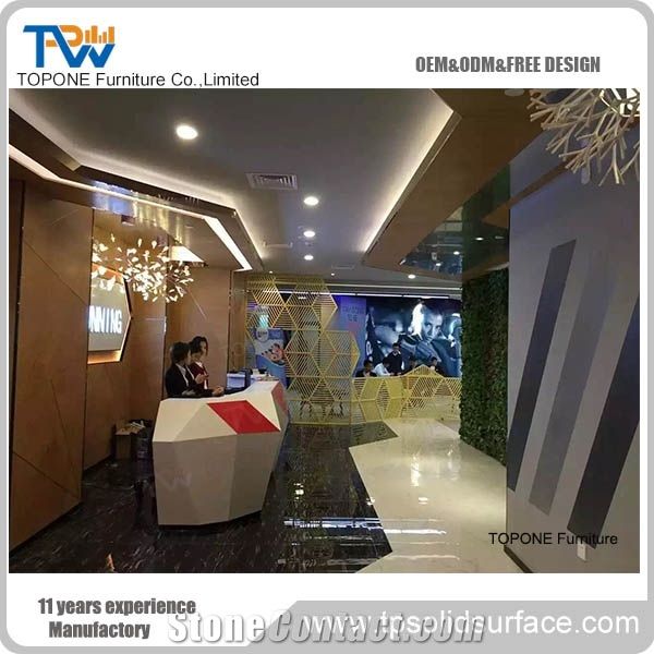 Modern Design White and Red Color Shopping Mall or Health Center Acrylic Solid Surface Interior Stone Front Reception Counter Design, New Design Artificial Marble Stone Interior Stone Front Table Desk