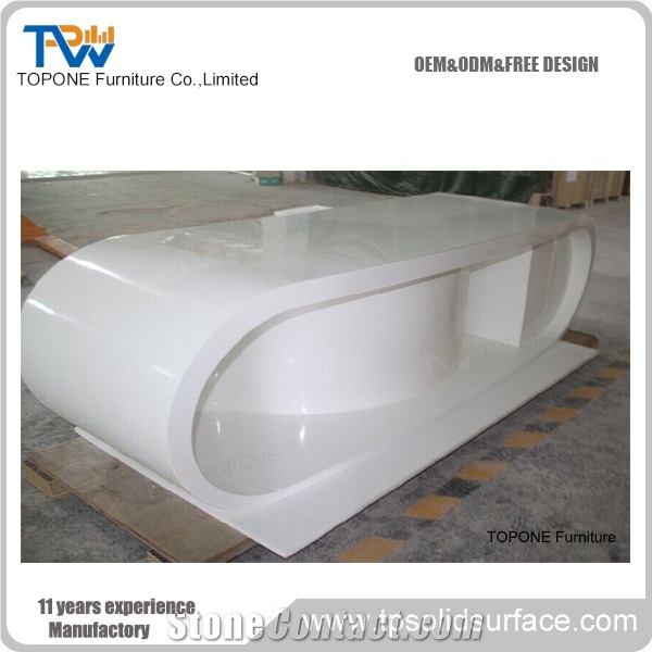 Oval Shaped White Artificial Marble Stone Modern Curved Office Desk Table Designs,Engineered Stone Solid Surface Work Table Sets Good Price,Interior Furniture Manufacture