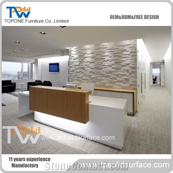 Small White Artiicial Marble Stone Office Reception Desk Design, Interior Stone Office Furniture with Acrylic Solid Surface Desk Tops Interior Office Furniture