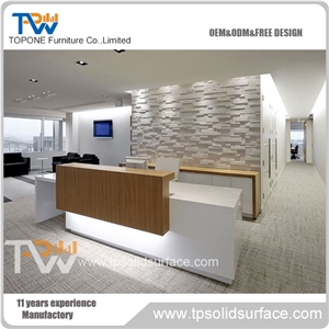Small White Artiicial Marble Stone Office Reception Desk Design, Interior Stone Office Furniture with Acrylic Solid Surface Desk Tops Interior Office Furniture