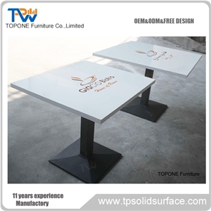 White Square Acrylic Solid Surface Coffee Table with Logo on the Table Tops Design, Interior Stone Coffee Shop Table Top Design for Sale,Interior Stone Coffee Shope Furniture